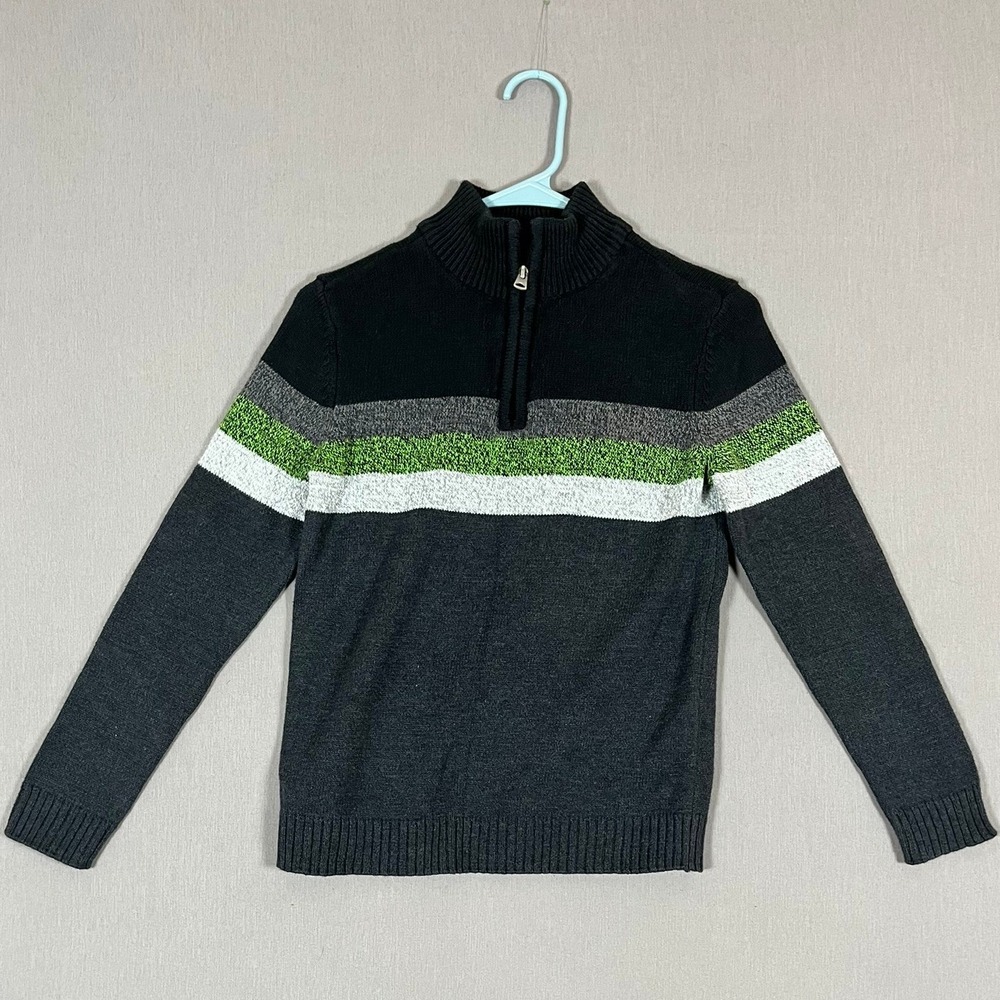 Retrofit Sweater Boys M 10/12 Quarter-Zip Black Green Striped Good
